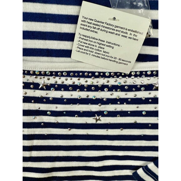 NWT Quacker Factory Blue White Striped Top Size XL Rhinestones 3/4 Sleeve - Picture 12 of 17